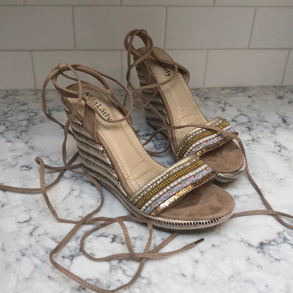 Boho Tie Up Wedges NWT